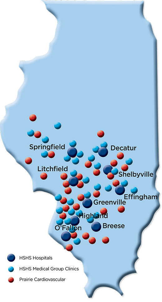 Map of Illinois with HSHS hospital highlighted