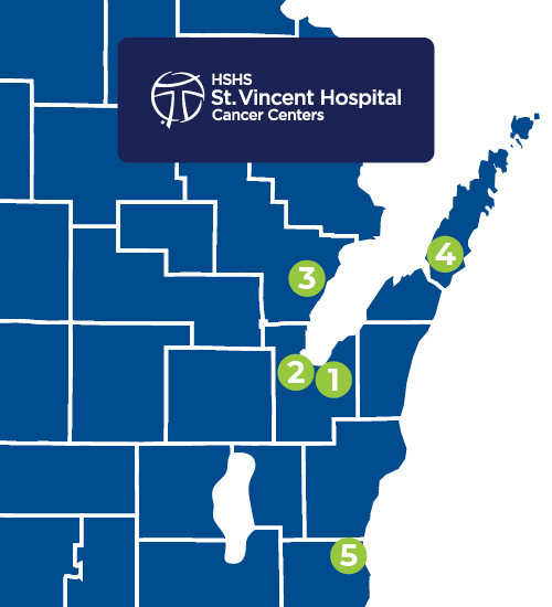 A map of the state of Wisconsin with green dots pinpointing St. Vincent cancer care locations