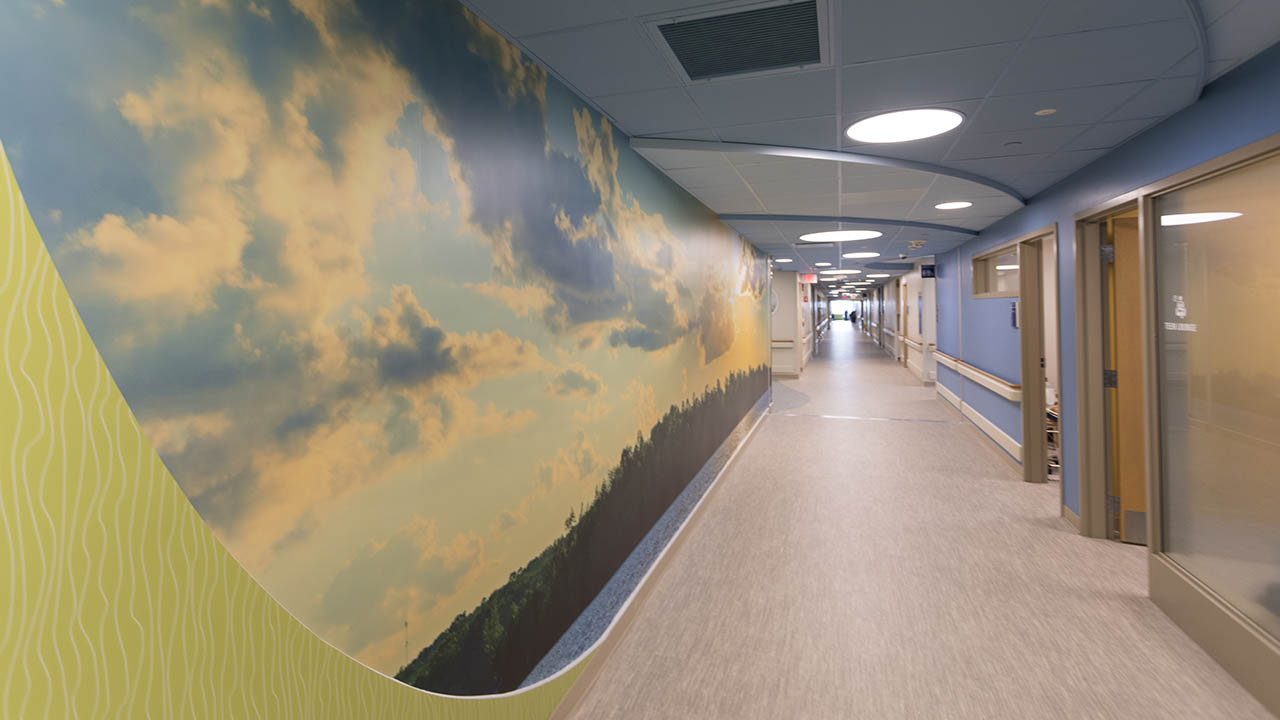 Hallway of the 10th floor of St. Vincent Children's Hospital with animals in circular frames on the wall