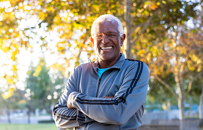 Active senior African-American man outdoors. 