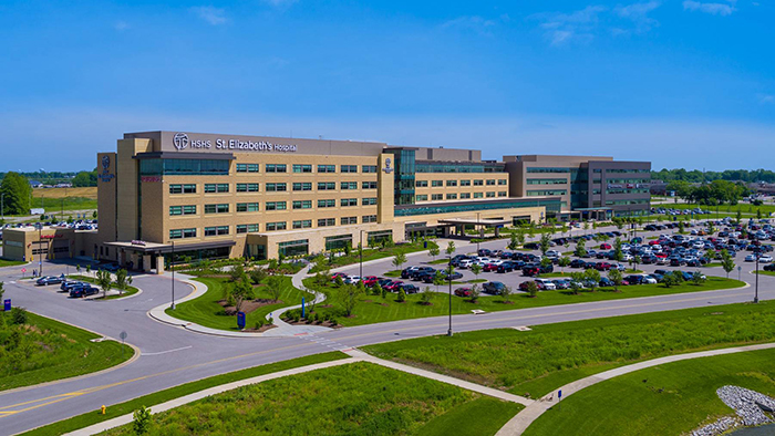 Front exterior of HSHS St. Elizabeth's Hospital in O'Fallon, Illinois