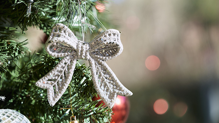 A ribbon ornament on a Christmas tree