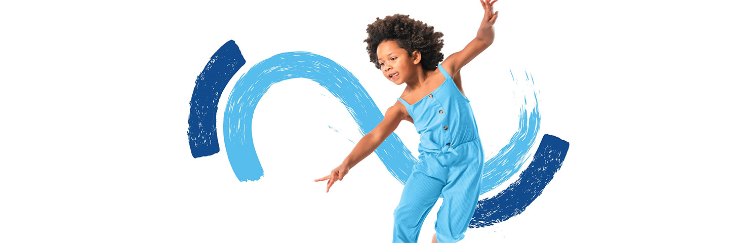 A child dancing with blue squiggle marks in the background