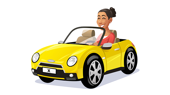 Illustration of woman in cute yellow sports car