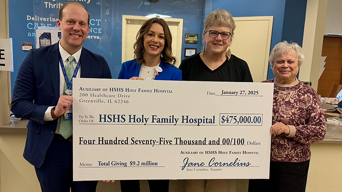 HSHS Holy Family Hospital leaders accept gift of $475,000 from HSHS Holy Family Hospital Auxiliary board members Sharon Ahern and Jane Cornelius